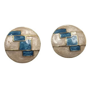 Vintage Cream Blue Enamel Round Studs Earrings Gold Tone Butterfly Closure